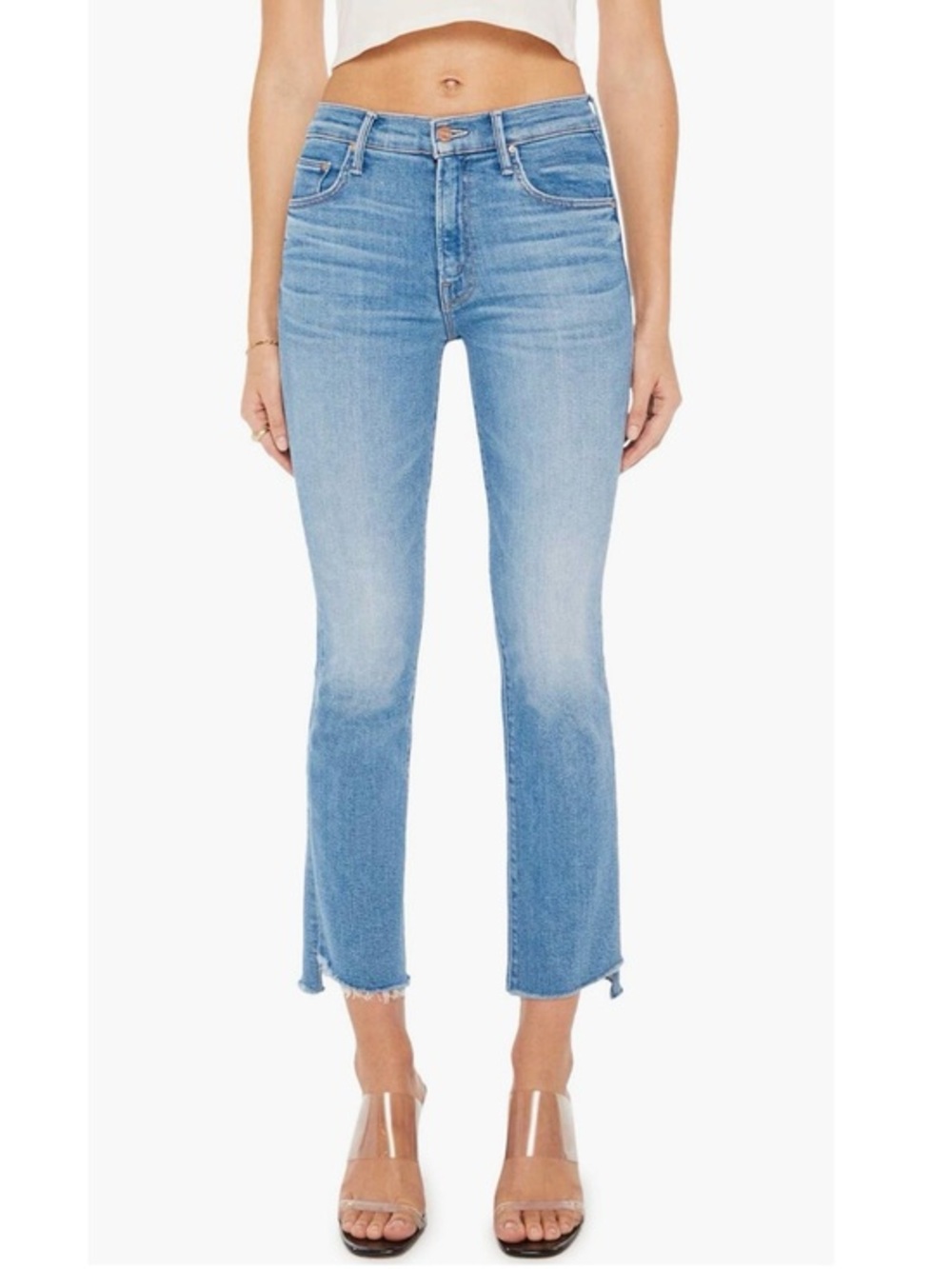 Mother The Insider High Waist Step Frayed Crop Jeans in Out Of The Blue Size 28